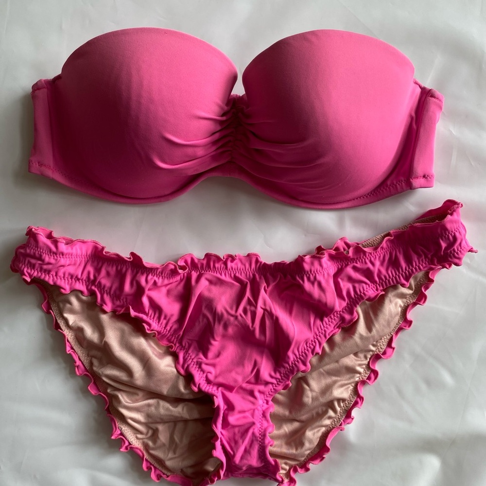 Hot Pink Ruffled Bikini Set - Strapless Top